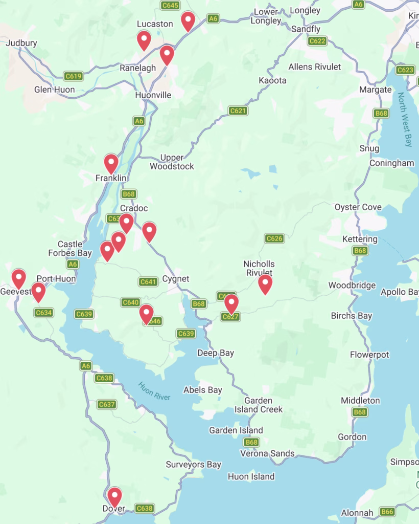 A screenshot of a map of Tasmania with the Huon Valley Wine and Cider Trail stops highlighted.